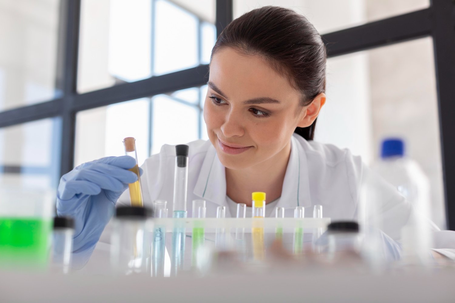 Científicas colaborando en un laboratorio cosmético certificado realizando pruebas y análisis de producto